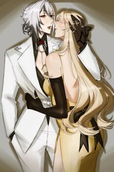 2girls arlecchino_(genshin_impact) babylo669 backless_dress backless_outfit black_gloves black_hands black_shirt black_streaks blonde_hair colored_extremities commentary dress elbow_gloves english_commentary genshin_impact gloves highres imminent_kiss jacket multiple_girls navia_(genshin_impact) pants parted_lips red_pupils shirt white_hair white_jacket white_pants yellow_dress yuri