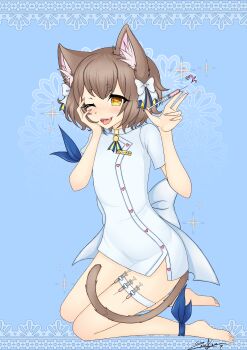 1boy absurdres animal_ear_fluff animal_ears back_bow blue_background blue_dress blue_ribbon blush bow brown_hair cat_boy cat_ears cat_tail crossdressing crossdressing_(mtf) dress fang felix_argyle hair_between_eyes hair_bow highres holding holding_needle leg_ribbon multiple_hair_bows needle nurse one-eyed re:zero_kara_hajimeru_isekai_seikatsu ribbon seiza short_dress short_hair simple_background sitting tail thigh_strap tongue tongue_out trap white_bow yellow_eyes zerokero