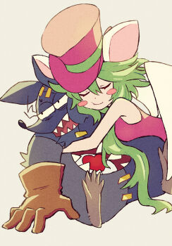 Rule 34 | 1boy, 1girl, angel wings, animal ears, blush stickers, closed eyes, commentary request, dress, fangs, gloves, green hair, grey fur, half-closed eyes, hat, heart, highres, hole in chest, hole on body, hug, long sidelocks, looking to the side, mad rat, mad rat dead, mouse boy, mouse ears, mouse girl, orange gloves, pink dress, pink hat, puffy cheeks, rat god, shiwo (siwosi), sidelocks, sitting, sleeveless, sleeveless dress, smile, stitches, sweatdrop, top hat, white background, wings