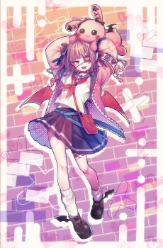 1girl :3 aqua_belt armband arms_up bag belt belt_collar black_shoes blue_ribbon blue_sailor_collar blue_skirt blush border brick_wall collar colored_inner_hair debitto_(makaino_ririmu) demon_wings drill_hair drop_shadow eyepatch fang full_body grey_hair hair_intakes hair_over_shoulder hair_ribbon handbag hashtag-only_commentary heart heart_background heart_eyepatch highres holding holding_stuffed_toy jacket kazuin_suzumi leg_tattoo long_hair looking_at_viewer loose_belt loose_socks makaino_ririmu makaino_ririmu_(4th_costume) miniskirt multicolored_hair neckerchief nijisanji off_shoulder open_clothes open_jacket open_mouth outside_border pink_hair pink_jacket pink_streaks platform_shoes pleated_skirt pointy_ears polka_dot red_bag red_collar red_eyes red_neckerchief red_wings ribbon sailor_collar school_uniform serafuku shirt shoes shoulder_bag sidelocks skirt sleeves_past_fingers sleeves_past_wrists smile socks solo standing streaked_hair stuffed_animal stuffed_rabbit stuffed_toy tattoo two-tone_hair two_side_up virtual_youtuber white_border white_shirt white_socks winged_heart winged_heart_tattoo winged_shoes wings