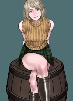 1girl ashley_graham barrel blonde_hair blue_eyes highres koukou_panchi looking_at_viewer medium_hair resident_evil_4 resident_evil_4_(remake) sitting sleeveless sleeveless_sweater sweater