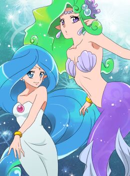 Rule 34 | 2girls, blue eyes, blue hair, elias (panel de pon), green hair, intelligent systems, meguru152, mermaid, monster girl, multiple girls, neris (panel de pon), nintendo, panel de pon, purple eyes, swimming, tetris attack, underwater