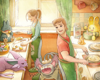 1boy 1girl adobe_illustrator_(medium) apron aspear_berry berry_(pokemon) bottle commentary cooking cup curtains drawing drink_carton elekid espeon food gen_1_pokemon gen_2_pokemon gen_4_pokemon indoors kitchen kitchen_knife knife milk_bottle milk_carton moomoo_milk munchlax nintendo oddish oliver_hamlin open_mouth painting_(medium) pancake pikachu pokemon pokemon_(creature) purugly rotom rotom_(other) slippers squirtle sunlight tail teacup timer traditional_media watercolor_(medium) window
