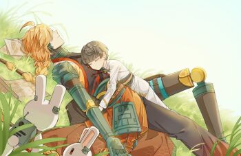 2boys armor asymmetrical_clothes belt black_pants black_sash black_shirt blonde_hair blunt_bangs braid brown_belt chinese_clothes chinese_commentary closed_eyes closed_mouth crab_in_orange_(the_tale_of_food) cyborg day faulds feet_out_of_frame green_armor grey_hair hair_over_eyes hair_tubes height_difference hug jacket knee_up long_hair long_sleeves lying lying_on_person male_focus male_master_(the_tale_of_food) mechanical_arms mechanical_legs multiple_boys non-humanoid_robot on_back on_grass on_stomach orange_robe outdoors pants paper profile rabbit robe robot robot_animal robot_ears sash scale_print shirt short_hair single_braid single_pantsleg sleeping sleeping_on_person sleeveless smile tangzhuang the_tale_of_food white_jacket white_pants xiaojie81990 yellow_sash