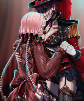 2girls absurdres ass beaded_eyelashes blackberreh-art blood bow braid breasts choker clown clown_nose commentary dancing design_speculation english_commentary epaulettes ero_guro eyelashes grin guro hat highres leotard lips long_hair low_twin_braids makeup mask monster_girl multiple_girls neck_ruff nikola_orsinov original pink_hair poppet_(blackberreh-art) red_hair red_lips short_hair smile stitched_chest stitched_face stitches the_magnus_archives twin_braids very_long_hair very_short_hair yuri