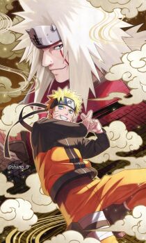 Rule 34 | 2boys, bandaged leg, bandages, blonde hair, blue eyes, commentary request, cowboy shot, facial mark, facial tattoo, forehead protector, grin, headband, highres, jacket, jiraiya (naruto), jumpsuit, long hair, long sleeves, looking at viewer, male focus, multiple boys, naruto (series), naruto shippuuden, orange jacket, orange jumpsuit, orange pants, own hands together, pants, pouch, shiino 9, short hair, smile, smoke, spiked hair, tattoo, teeth, thigh pouch, twitter username, uzumaki naruto, wart, whisker markings, white hair, x fingers