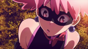 1girl anime_screenshot black_leotard boku_no_hero_academia bow bowtie earrings haneyama_kazuho highres jewelry leotard lips lipstick makeup mask open_mouth outdoors pink_eyes pink_hair ryona sleeveless twintails vigilante_-boku_no_hero_academia:_illegals-