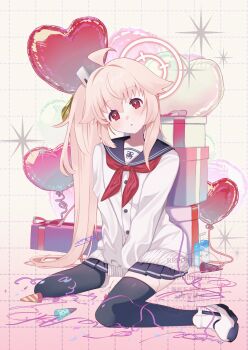 Rule 34 | 1girl, absurdres, ahoge, black sailor collar, blue archive, box, cardigan, commentary request, gift, gift box, halo, head tilt, highres, long hair, long sleeves, looking at viewer, miniskirt, natsu (blue archive), neckerchief, pink hair, pink halo, pleated skirt, red eyes, red neckerchief, sailor collar, school uniform, serafuku, side ponytail, sitting, skirt, solo, thighhighs, tsushima shigure, wariza