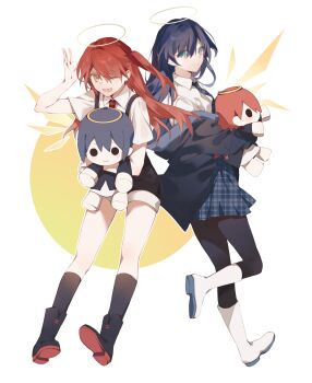 2girls ;d absurdres alternate_costume alternate_hair_length alternate_hairstyle arknights ayster back-to-back black_boots black_jacket black_pantyhose black_shorts black_socks blue_eyes blue_hair blue_skirt boots character_doll chinese_commentary closed_mouth collared_shirt commentary_request detached_wings doll exusiai_(arknights) full_body halo highres holding holding_doll jacket long_hair long_sleeves looking_at_viewer mostima_(arknights) multiple_girls necktie off_shoulder one_eye_closed open_mouth pantyhose red_hair shirt shoe_soles shorts skirt smile socks standing standing_on_one_leg traditional_halo white_boots white_shirt wings