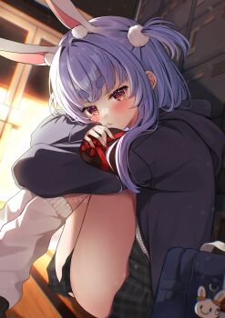 Rule 34 | 1girl, animal ears, bag, black shoes, blue hair, blue jacket, blush, box, closed mouth, extra ears, getabako, gift, heart-shaped box, highres, hikimayu, holding, holding gift, hololive, hood, hooded jacket, indoors, jacket, knees up, leg warmers, long hair, long sleeves, looking at viewer, miniskirt, orange eyes, pecco (pecco297), plaid clothes, plaid skirt, pleated skirt, rabbit-shaped pupils, rabbit ears, rabbit girl, school bag, school uniform, shoes, short eyebrows, sidelocks, sitting, skirt, solo, symbol-shaped pupils, thick eyebrows, two side up, usada pekora, valentine, virtual youtuber, white leg warmers