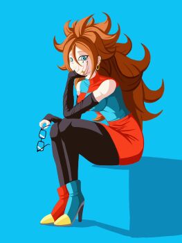 Rule 34 | 1girl, android 21, bare shoulders, black pantyhose, blue background, blue boots, blue dress, blue eyes, boots, breasts, brown hair, checkered clothes, checkered dress, commentary request, dragon ball, dragon ball fighterz, dress, earrings, eyelashes, full body, glasses, high heel boots, high heels, highres, holding, holding removed eyewear, hoop earrings, jewelry, kenran dokkan, pantyhose, red boots, red dress, simple background, sitting, solo, two-tone dress, unworn eyewear