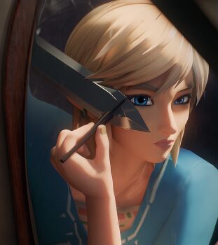 1boy 3d absurdres applying_eyeliner applying_eyeliner_with_knife_(meme) applying_makeup applying_own_makeup black_eyeliner blonde_hair blue_eyes blue_tunic blurry closed_mouth commentary depth_of_field earrings english_commentary eyeliner fugtrup highres holding jewelry link looking_at_mirror makeup male_focus meme mirror nintendo protected_link reflection reflection_focus solo sword the_legend_of_zelda the_legend_of_zelda:_breath_of_the_wild tunic weapon