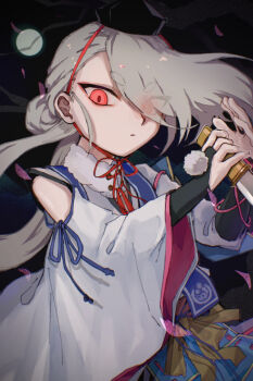 1boy androgynous blue_ribbon closed_mouth commentary full_moon grey_hair hair_over_one_eye highres holding holding_sword holding_weapon ima-no-tsurugi long_hair long_sleeves looking_at_viewer moon red_eyes ribbon solo sword symbol-only_commentary symbol-shaped_pupils thick_eyebrows touken_ranbu umeboitarou upper_body weapon wide_sleeves