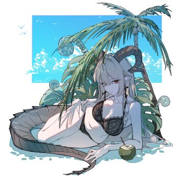 1girl artist_name bare_shoulders bikini black_bikini blonde_hair breasts cleavage closed_mouth coconut coconut_tree commentary cross cross_earrings curved_horns earrings highres horns jewelry lace lace-trimmed_bikini lace_trim large_breasts leria_v long_hair looking_at_viewer mole mole_on_breast mole_on_thigh original palm_tree pointy_ears red_eyes sidelocks solo stomach swimsuit tail tree white_background