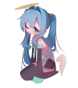 1girl angel angel_wings aqua_necktie banananosongen bare_shoulders black_boots blue_eyes blue_hair boots detached_sleeves full_body grey_shirt hair_intakes halo hatsune_miku long_sleeves looking_at_viewer miniskirt necktie one_eye_closed open_mouth pleated_skirt seiza shirt simple_background sitting skirt sleeveless sleeveless_shirt sleeves_past_fingers sleeves_past_wrists solo thigh_boots twintails vocaloid white_background wings