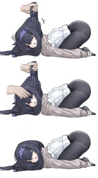 1boy 1girl absurdres black_hair black_pantyhose blue_archive cardigan drooling grabbing_another&#039;s_hair grey_cardigan highres holding_another&#039;s_hair pantyhose shiro_piazi skirt sleep_molestation sleeping top-down_bottom-up ui_(blue_archive) white_skirt