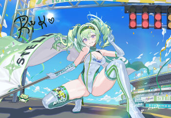 1girl absurdres boots breasts character_signature cleavage clothes_writing cloud commentary day elbow_gloves finger_gun flag gloves green_hair grin hair_ornament highleg highleg_leotard highres holding holding_flag large_breasts leotard long_hair looking_at_viewer outdoors purple_eyes race_flag race_queen racetrack sky smile solo spread_legs squatting stellive symbol-only_commentary thigh_boots twintails virtual_youtuber white_boots white_leotard yangsongihand yuzuha_riko