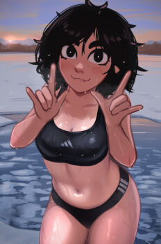 1girl \m/ absurdres adidas biting_own_lip black_eyes black_hair blush body_freckles breasts breath cleavage cold commentary double_\m/ english_commentary evening freckles frozen_lake highres ice lake looking_at_viewer messy_hair navel on_ice open_mouth original outdoors sky smile snow solo sports_bra standing stomach sunset swimsuit thick_thighs thighs veyonis water wet wet_hair winter yuna_(veyonis)