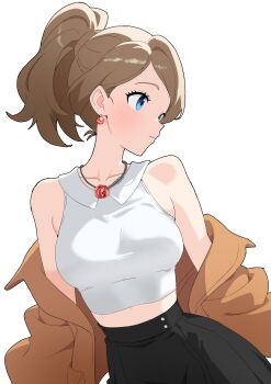 Rule 34 | 1girl, absurdres, black skirt, blue eyes, breasts, brown hair, brown jacket, collarbone, commentary request, earrings, high ponytail, highres, jacket, jewelry, looking to the side, matsuokalive10, medium breasts, midriff, necklace, nintendo, off shoulder, parted lips, pokemon, pokemon xy, ponytail, serena (pokemon), shirt, short ponytail, simple background, skirt, sleeveless, sleeveless shirt, upper body, white background, white shirt