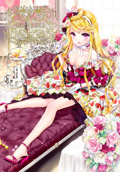 1girl :d baby's-breath bad_id bad_pixiv_id bare_legs bare_shoulders blackberry_(fruit) blonde_hair blueberry blush bouquet bow breasts cake character_name choker cinia_pacifica cleavage cocoon_(loveririn) coffee_pot couch cream cream_on_face cup cushion dress drill_hair eating eyelashes feet female_focus flower food food_on_face food_print fork frilled_choker frilled_dress frills fruit fruit_print full_body gloves hair_bow hair_flower hair_ornament hairband hat high_heel_sandals high_heels holding holding_fork holding_plate indoors lamp large_breasts layered_dress lolita_fashion long_hair looking_at_viewer macaron makeup mascara mini_hat no_socks off-shoulder_dress off_shoulder open_mouth open_shoes picture_frame pink_dress pink_eyes pink_flower pink_footwear pink_hat pink_rose plate print_dress purple_eyes red_flower red_footwear red_rose red_upholstery ringlets rose sandals shoe_dangle shoes sitting smile solo sparkle strawberry strawberry_print sunlight sweets swept_bangs sword_girls table tablecloth tassel tiered_serving_stand tiered_tray toes tray very_long_hair wallpaper_(object) white_bow white_flower white_gloves white_rose window