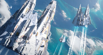 Rule 34 | cloud, commentary, english commentary, from above, highres, island, no humans, ocean, original, painterly, raphael-lacoste, rocket engine, scenery, science fiction, signature, smoke, space, spacecraft, star wars