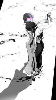 2girls absurdres alpha.e backless_dress backless_outfit blood blood_on_back blood_on_ground chinese_commentary commentary_request dancing dress glitch grabbing_another's_arm hair_bun highres honkai:_star_rail honkai_(series) injury long_hair long_sleeves multiple_girls parted_bangs polka_kakamond ruan_mei_(honkai:_star_rail) shoes spot_color unworn_shoes yuri