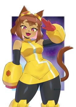 1girl :d animal_ears black_pants breasts brown_hair cat_ears cat_girl cat_tail commentary fang gameoverse gloves goggles goggles_on_head highres junii-owl kit_bodega looking_at_viewer medium_breasts mosaic_background open_mouth pants purple_background red_eyes red_gloves salute shirt short_hair sleeveless sleeveless_shirt smile solo standing tail twitter_username two-tone_background white_background yellow_shirt