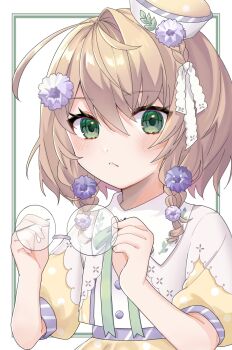 Rule 34 | 1girl, :<, blush, braid, brown hair, collared shirt, commentary request, flower, glasses, green eyes, green ribbon, grey-framed eyewear, hair flower, hair ornament, hair over shoulder, hair ribbon, half crown braid, hat, highres, holding, holding removed eyewear, kimi1360896, long hair, looking at viewer, low twin braids, mini hat, neck ribbon, nijisanji, polka dot, polka dot shirt, polka dot skirt, puffy short sleeves, puffy sleeves, purple flower, ribbon, round eyewear, shirt, short sleeves, single hair intake, skirt, solo, standing, tilted headwear, twin braids, unworn eyewear, upper body, virtual youtuber, white background, white ribbon, yaguruma rine, yaguruma rine (1st costume), yellow shirt, yellow skirt