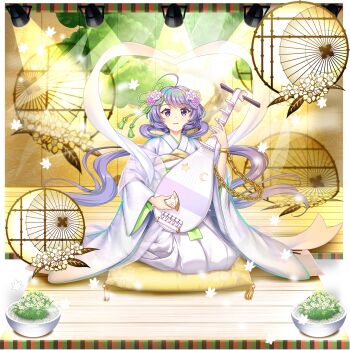 1girl ahoge alternate_costume biwa_lute chain commentary english_commentary flower full_body game_cg hair_flower hair_ornament highres holding holding_instrument instrument japanese_clothes kimono long_hair long_sleeves looking_at_viewer lute_(instrument) official_art pink_flower plant potted_plant purple_eyes purple_hair rotte_(1109) shawl sitting solo stage stage_lights third-party_source touhou touhou_lostword transparent_background tsukumo_benben tsukumo_benben_(pure_and_beautiful_white_loquat) twintails white_kimono wide_sleeves