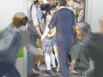 2girls 6+boys afrodms backpack bag bandana beard black_footwear black_hair blurry blurry_foreground brown_footwear brown_hair closed_umbrella crowded denim denim_shorts facial_hair formal_clothes glasses green_skirt grey_hair grey_skirt grey_sweater_vest handbag high_heels highres holding_another&#039;s_arm jimiko kneehighs long_sleeves mature_male multiple_boys multiple_girls old old_man old_woman original red_bandana school_uniform shirt short_hair shorts skirt socks suit sweater_vest umbrella very_short_hair white_shirt white_socks