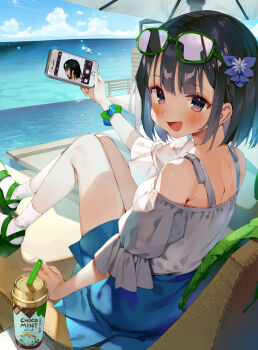1girl :d absurdres beach_umbrella black_hair blue_skirt blue_sky blunt_bangs blush cellphone cloud commentary_request cup disposable_cup eyewear_on_head flower gaou_(umaiyo_puyoman) green_footwear grey_eyes hair_flower hair_ornament highres holding holding_phone horizon infinity_pool looking_at_viewer mountainous_horizon ocean open_mouth original phone pool railing reflection scrunchie shirt short_hair shoulder_blades sidelocks sitting skirt sky smartphone smile socks solo sunglasses umbrella water_drop white_shirt white_socks wrist_scrunchie