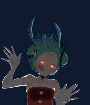 absurdres against_glass black_choker bow cheek_on_glass choker commentary_request double_bun dress glowing glowing_eyes green_hair hair_bow hair_bun hair_ornament hair_ribbon hand_on_glass highres hololive kuronagirai red_eyes ribbon santa_costume santa_dress skull_hair_ornament uruha_rushia