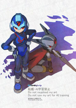 Rule 34 | 2boys, android, closed mouth, commentary request, copy x (mega man), fins, forehead jewel, hands on own hips, head fins, helmet, hidden phantom (mega man), holding, holding kunai, holding weapon, kunai, male focus, mega man (series), mega man zero (series), multiple boys, ninja, red eyes, red scarf, scarf, shadow, simple background, smile, standing, twitter username, watermark, watermark grid, weapon, white background, yamanashi taiki