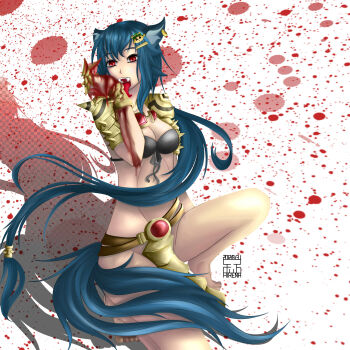 1girl absurdres airena animal_ears armor belt blood blood_splatter blue_hair breasts cleavage earrings fang gender_request genderswap hair_ornament highres jewelry league_of_legends licking long_hair midriff red_eyes shadow signature teemo tongue very_long_hair warwick