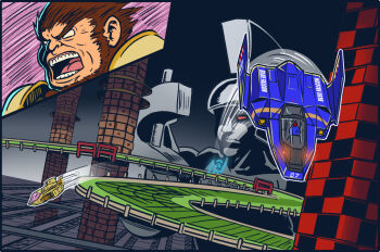 1boy action aircraft beard billy_(f-zero) blank_eyes blue_falcon brown_hair close-up f-zero f-zero_gx facial_hair flying_car hover_vehicle jrcomicart mad_wolf male_focus midair nintendo open_mouth poker_chip race_vehicle racing science_fiction statue teeth white_eyes