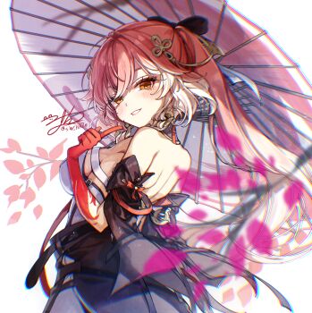 1girl back bare_shoulders black_jacket blush breasts changli_(wuthering_waves) chromatic_aberration colored_extremities commentary_request dress from_side hair_extensions hair_ornament hand_up heavy_chromatic_aberration highres holding holding_umbrella index_finger_raised jacket korean_commentary large_breasts long_hair looking_at_viewer looking_to_the_side multicolored_hair oil-paper_umbrella parted_lips pink_hair red_hands ring_hair_extensions shoulder_blades signature simple_background smile solo sw_haze two-tone_hair umbrella upper_body very_long_hair white_background white_dress white_hair white_umbrella wuthering_waves yellow_eyes