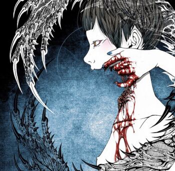 1girl black_hair bleeding blood blood_on_hands breasts claws collarbone colored_skin from_side guro injury meimaro original profile short_hair small_breasts solo upper_body white_skin yellow_eyes