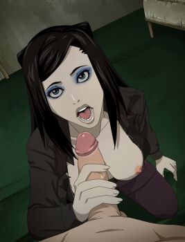 1boy 1girl artist_request black_hair blue_eyes breasts breasts_out circumcision_scar ergo_proxy handjob hetero nipples pale_skin penis re-l_mayer uncensored vincent_law