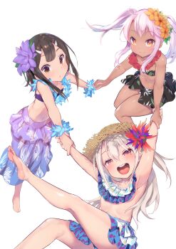 3girls :d absurdres armpits arms_up bare_legs barefoot bikini bikini_skirt black_hair chloe_von_einzbern dark-skinned_female dark_skin fate/kaleid_liner_prisma_illya fate_(series) flower flower_wreath hair_flower hair_ornament hairclip hat highres holding_hands illyasviel_von_einzbern looking_at_viewer miyu_edelfelt multiple_girls navel open_mouth orange_eyes p_answer pink_hair red_eyes simple_background smile straw_hat swimsuit teeth transparent_background twintails upper_teeth_only white_background yellow_eyes