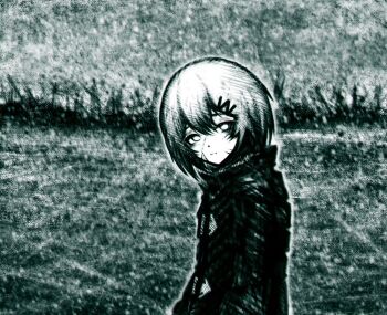 Rule 34 | 11e10, 1girl, blank stare, bob cut, canvas texture, coat, distortion, green light, hair between eyes, hair ornament, hairclip, head tilt, highres, lens eye, looking at viewer, marie (peripeteia), partially colored, peripeteia, popped collar, short hair, simple background, solo, trench coat, triangle button, upper body