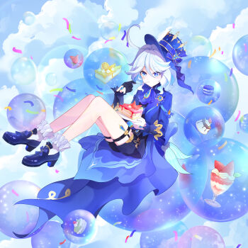 1girl a_maple absurdres ahoge ascot black_gloves black_shorts blue_ascot blue_eyes blue_hair blue_hat blue_jacket blue_shoes bow bubble cake cake_slice chinese_commentary cloud commentary_request confetti eating floating food footwear_bow furina_(genshin_impact) genshin_impact gloves half_gloves hat heterochromia high_heels highres holding holding_cake holding_food jacket jewelry long_sleeves macaron multicolored_hair ouji_fashion pudding shoes short_hair short_shorts shorts single_glove solo thigh_strap top_hat white_hair