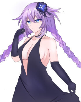 1girl blue_eyes braid breasts cleavage gloves hair_between_eyes hair_ornament highres jewelry long_hair medium_breasts neptune_(series) power_symbol power_symbol-shaped_pupils purple_hair purple_heart_(neptunia) ring simple_background smile solo symbol-shaped_pupils twin_braids very_long_hair white_background withthecyanaki