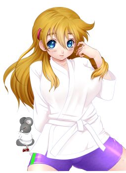 1girl absurdres arm_behind_back blonde_hair blue_eyes blush breasts closed_mouth commentary_request cowboy_shot dougi fuurinji_miu hair_between_eyes hair_ornament hairclip highres huge_breasts long_hair long_sleeves looking_at_viewer matsuena_shun mole mole_under_eye mouse_(animal) official_art sex sex_from_behind shijou_saikyou_no_deshi_ken'ichi sidelocks simple_background sitting thighs unitard white_background