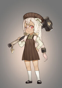 1girl :&lt; black_shoes blvefo9 braid brown_dress brown_headwear collared_shirt commentary_request dark-skinned_female dark_skin dress dress_shirt dwarf female_focus full_body grey_shirt hair_between_eyes hair_ornament hammer hand_on_own_hip holding holding_hammer juliet_sleeves kneehighs long_hair long_sleeves looking_at_viewer original over_shoulder puffy_sleeves red_eyes shirt shoes sleeveless sleeveless_dress socks solo standing striped_clothes striped_dress striped_headwear vertical-striped_clothes vertical-striped_dress vertical-striped_headwear weapon weapon_over_shoulder white_hair white_socks