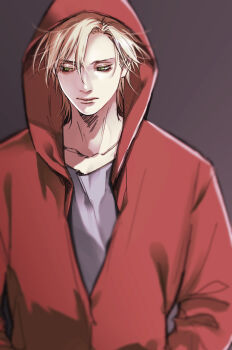 Rule 34 | 1boy, ash lynx, banana fish, blonde hair, blurry, closed mouth, collarbone, commentary request, green eyes, grey background, grey shirt, hands in pockets, highres, hood, hood up, hooded jacket, jacket, long sleeves, looking to the side, male focus, red jacket, shirt, short hair, simple background, solo, upper body, ykmr (haga)