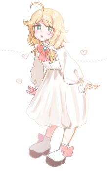 1girl ahoge blonde_hair blush dress full_body green_eyes h2omizu_2 heart idolmaster idolmaster_cinderella_girls looking_at_viewer medium_hair open_mouth sketch solo white_dress yusa_kozue