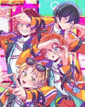4boys akehoshi_subaru black_hair blonde_hair blue_eyes blush closed_mouth commentary ensemble_stars! eyewear_on_head finger_frame green_eyes hair_between_eyes heart heart_hands hidaka_hokuto isara_mao jacket long_sleeves male_focus multiple_boys one_eye_closed open_clothes open_jacket open_mouth orange_hair red_hair short_hair smile sunglasses trickstar_(ensemble_stars!) upper_body yosuo_0408 yuuki_makoto_(ensemble_stars!)