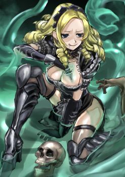 1girl absurdres armored_boots black_dress blonde_hair blue_eyes boots breasts detached_collar dress drill_hair empty_eyes highres large_breasts maid maid_headdress medium_hair monster_girl overlord_(maruyama) ribbon-trimmed_dress ribbon_trim skull slime_(substance) slime_girl solo solution_epsilon thighs tongue tongue_out viride