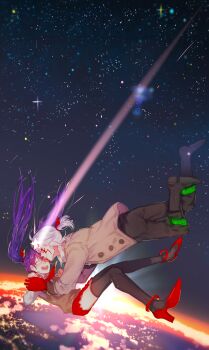 1boy 1girl ahoge allen_walker anklet black_boots black_pants black_sky black_thighhighs blue_sky boots brown_coat brown_vest buttons closed_eyes coat collared_shirt colored_extremities colored_skin comet commentary couple d.gray-man dress_shirt earth_(planet) english_commentary facial_mark facing_another falling floating floating_hair gradient_sky hair_between_eyes hair_ribbon happy high_heels highres holding_hands jewelry ki-pya legs lenalee_lee long_hair long_sleeves medium_hair miniskirt neckerchief open_mouth pants planet pleated_skirt ponytail purple_hair red_neckerchief red_ribbon red_shoes red_skin red_skirt ribbon scar scar_across_eye scar_on_face shirt shoes short_ponytail sidelocks skirt sky smile space star_(sky) star_(symbol) starry_sky starry_sky_background sun sunlight sweater_vest thighhighs thighs trench_coat twintails very_long_hair vest white_hair white_shirt