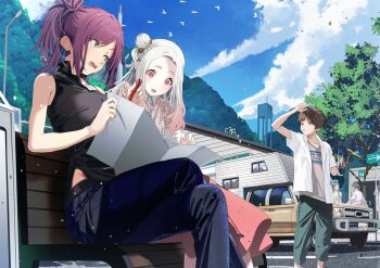 1boy 2girls amei_kanna arm_up black_shirt blue_sky blush breasts brown_hair car cloud cloudy_sky commentary_request crossed_legs day denim gradient_hair green_eyes green_pants hair_bun hakuchuumu_no_aojashin holding jeans long_hair looking_at_another looking_to_the_side matsukaze_azuki momonouchi_sumomo motor_vehicle multicolored_hair multiple_girls official_art open_mouth outdoors pants people pink_hair pink_skirt purple_hair red_eyes second-party_source shimofuri shirt short_hair short_sleeves single_side_bun skirt sky sleeveless sleeveless_shirt smile white_hair
